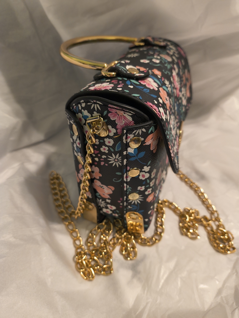 Floral Chain Handle Shoulder Bag - Black Floral